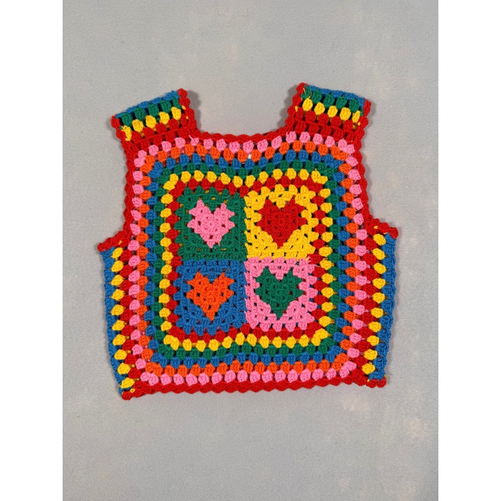 Nessi Byrd Kids Rainbow Crochet Heart Granny Square Vest Top Multicolor Size 8Y